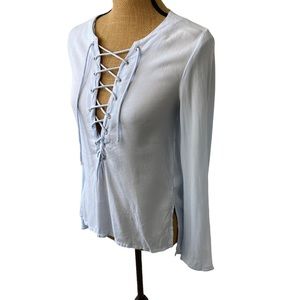 Darlove Jones Womens Light Blue Long Sleeve Blouse Size S V Neck Lightweight.